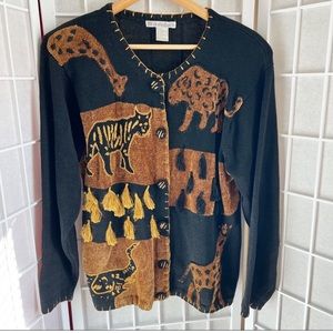 VTG Dressbarn Embroidered Safari Animal Cardigan Sweater Large Black Brown
